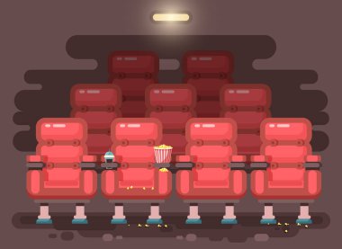 Vektör çizim karikatür iç film ya da film, patlamış mısır, meşrubat düz stil içinde izlemek için koltuklar ile sinema salonu