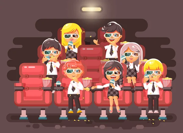 Illustration vectorielle personnages de dessins animés enfants, camarades de classe, élèves, écoliers, écolières, garçons, filles assises dans des fauteuils, salle de cinéma, manger du pop-corn, regarder le film en 3D lunettes style plat — Image vectorielle