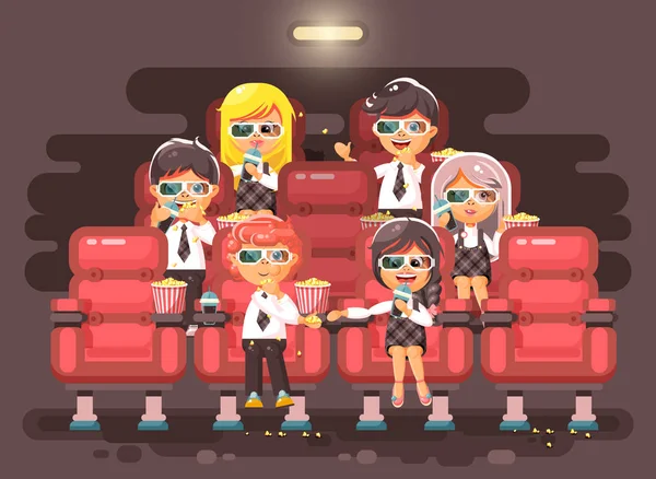 Wektor ilustracja kreskówka postaci dzieci, kolegów, uczniów, szkolne, uczennice, chłopcy, dziewczyny, siedząc w fotelach, salą kinową, jeść popcorn, oglądając film w 3d okulary prosty styl — Wektor stockowy