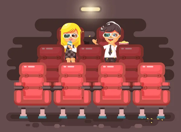 Vector illustratie cartoon tekens kinderen met klasgenoten, leerlingen, schooljongen, schoolmeisje, jongen en meisje zit in Fauteuils, bioscoop zaal, eten popcorn, kijken naar film in 3d bril vlakke stijl — Stockvector