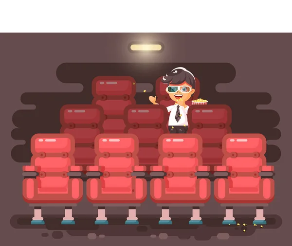 Vetor ilustração desenho animado personagem criança aluno estudante solitário morena menino senta-se em poltrona, sala de cinema, comer pipoca, assistir filme em óculos 3d estilo plano —  Vetores de Stock