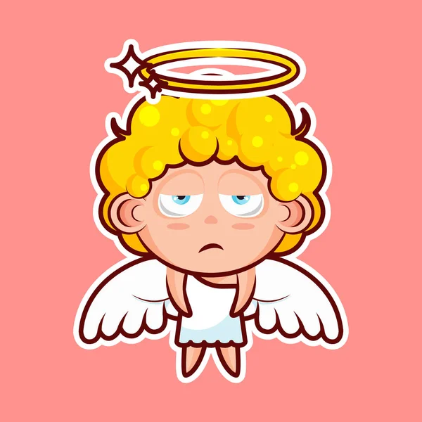 Sticker emoji émoticône, émotion, ennui, non perturbé, désespoir, caractère isolé vecteur douce entité divine, ange céleste, esprit saint, ailes, halo rayonnant — Image vectorielle