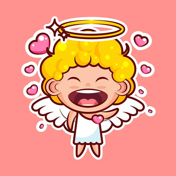 Sticker emoji emoticon, emotion, vector isolated illustration happy enamored character sweet divine entity, cute heavenly angel, saint spirit, wings radiant halo in love — Stock Vector