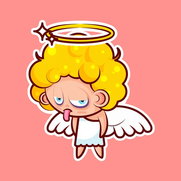 Adesivo emoji emoticon emoção mostrar língua com vetor rosto azedo isolado personagem ilustração infeliz entidade divina, anjo celestial, espírito santo, asas, halo radiante — Vetor de Stock