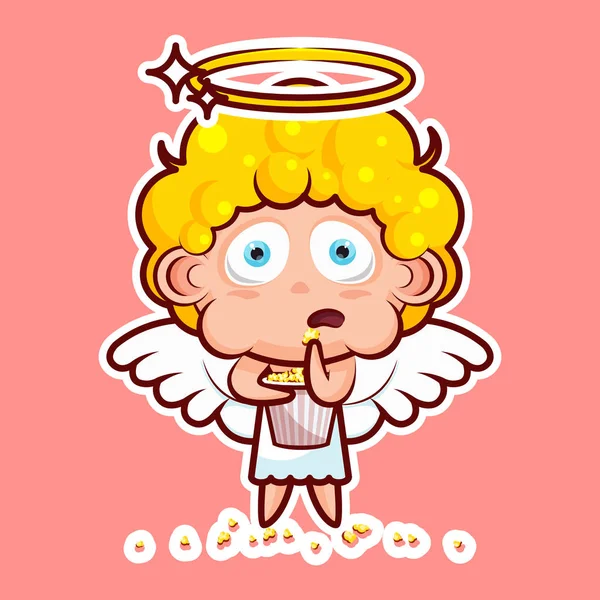 Etiqueta emoticono emoticono emoción ver película, comer palomitas de maíz, vector carácter ilustración aislado dulce entidad divina, ángel celestial, espíritu santo, alas, halo radiante — Archivo Imágenes Vectoriales