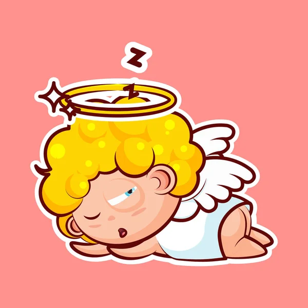 Sticker emoji emoticon, émotion sommeil sur le ventre, s'allonger, somnoler, somnolent vecteur sieste personnage douce entité divine, ange céleste, ailes d'ange saint esprit, halo radieux — Image vectorielle