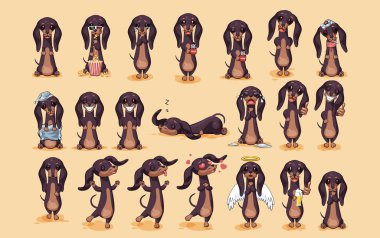 Ayarla kiti vektör hisse senedi illüstrasyon emojis çizgi film karakteri köpek tılsım, phylactery tazı, maskot pooch, bowwow dachshund çıkartmaları ifadeler Alman porsuk-köpek farklı duygularla
