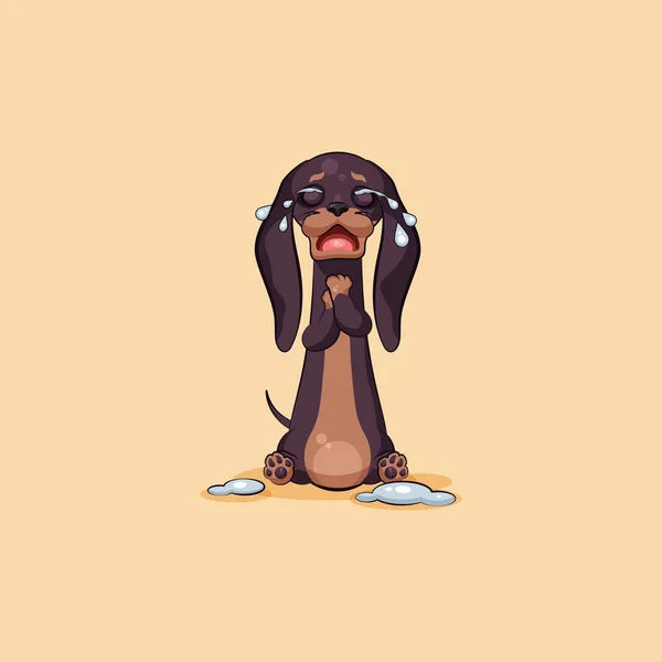 Vector stock illustration emoji of cartoon character dog talisman, phylactery hound, mascot pooch, bowwow dachshund sticker emoticon German badger-dog crying, lot of tears emotion — Stock Vector