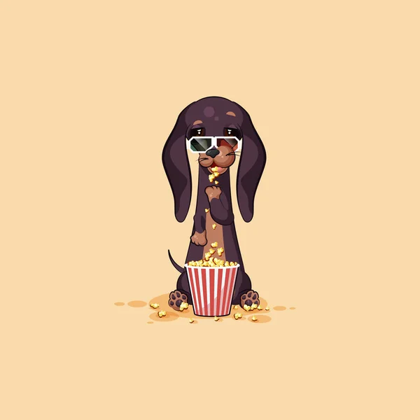 Illustration de stock vectorielle emoji personnage de dessin animé chien talisman, chien de phylactère, chien mascotte, bowwow dachshund autocollant emoticon allemand blaireau-chien mâcher popcorn, regarder le film en lunettes 3D — Image vectorielle