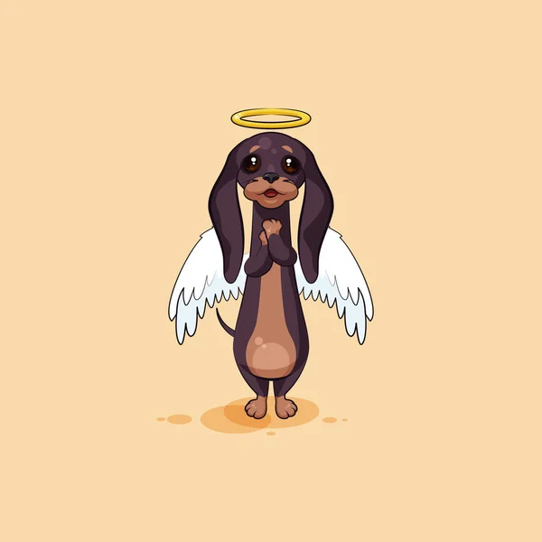Vector stock ilustración emoji de dibujos animados personaje perro talismán, phylactery hound, mascota perro, bowwow dachshund pegatina emoticono alemán tejón perro ángel, alas halo, orando — Vector de stock