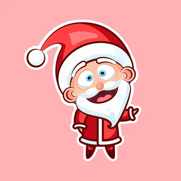 Sticker emoji emoticon, emotion, hi, hello, waving his hand in greeting vector illustration character sweet, cute Santa Claus, Father Frost for Happy New Year and Merry Christmas — Stock Vector