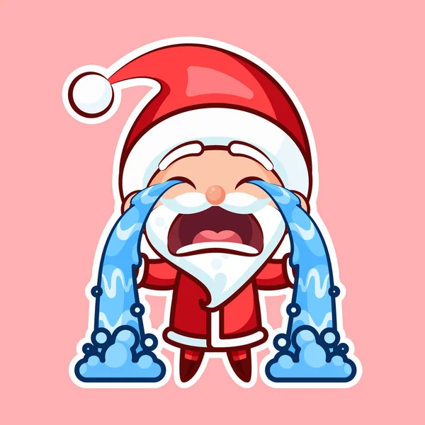 Aufkleber emoticon, emotionen schluchzen, weinen, weinen, vektorisolierte illustration glücklichen charakter süß, niedlich weihnachtsmann, vater frost rosa hintergrund für ein frohes neues jahr und frohe weihnachten — Stockvektor