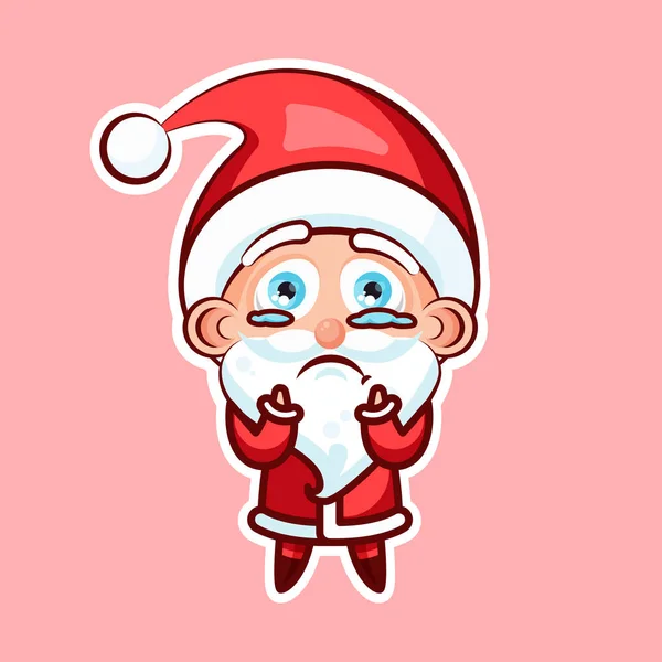 Klistermärke emoji uttryckssymbol, känslor tigga, be, be, tårar i ögonen, vektor illustration karaktär söt söt Santa Claus, far Frost på rosa bakgrund för gott nytt år och god jul — Stock vektor