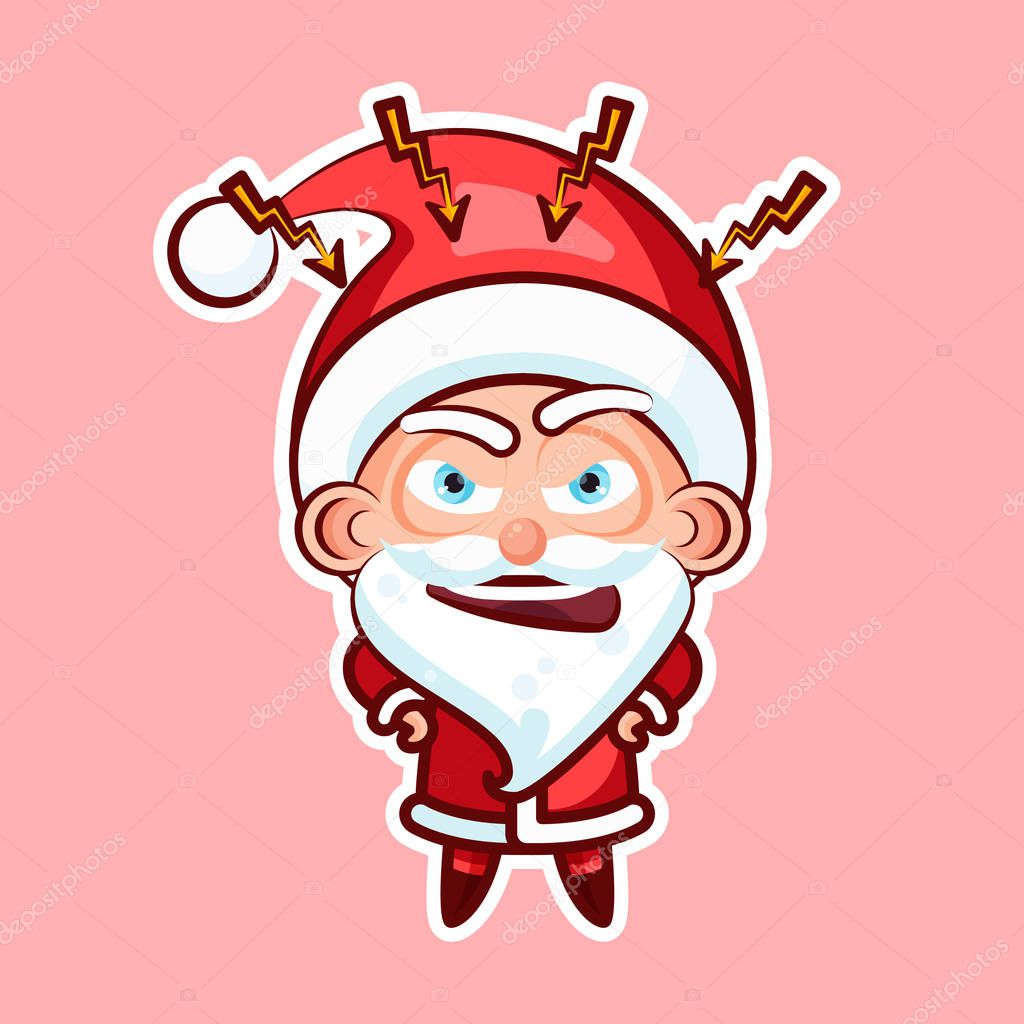 Sticker emoji emoticon, emotion swear, angry, lightning, vector isolated illustration character sweet cute Santa Claus Father Frost on pink background for Happy New Year and Merry Christmas