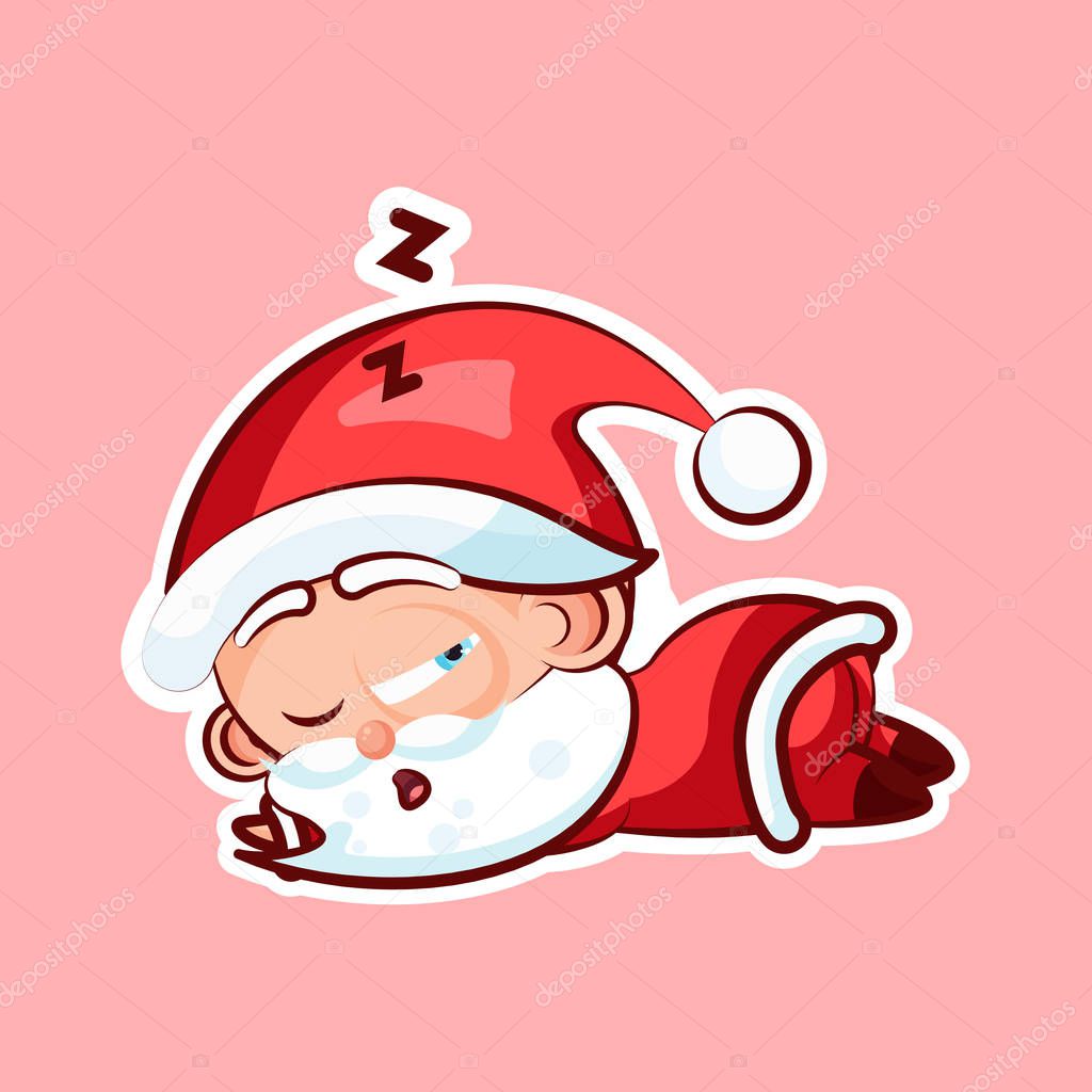 Sticker emoji emoticon, emotion sleep on stomach, lie down, doze, sleepy vector nap character sweet cute Santa Claus, Father Frost on pink background for Happy New Year and Merry Christmas