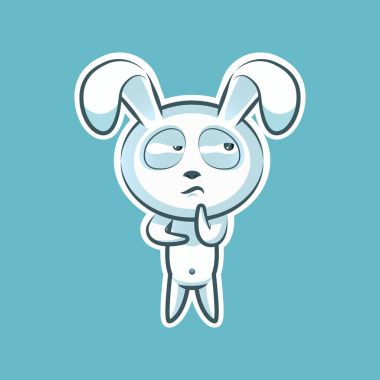 Etiket emoji ifade duygu Hmm, şüphe, düşünme vektör çizim karakter tatlı, sevimli beyaz tavşan, tavşan, tavşan, coney, kemirgen, lapin mutlu Paskalya için izole
