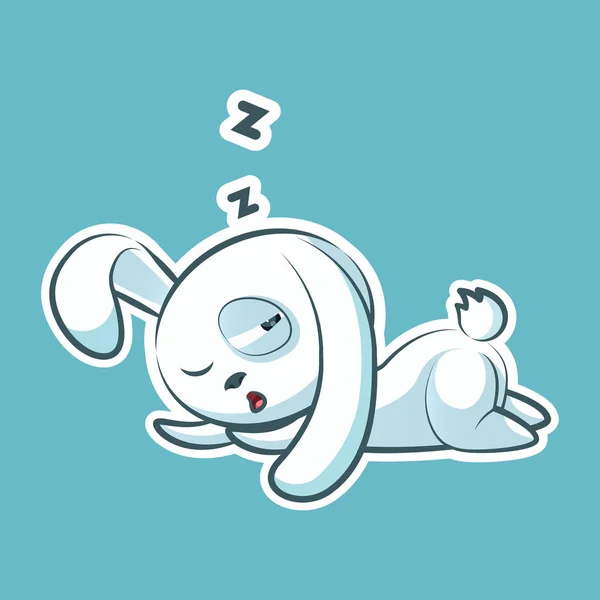 Emoticono emoji etiqueta, emoción dormir en el estómago, tumbarse, dormitar, sueño vector siesta carácter dulce, lindo conejo blanco, conejito, liebre, cono, cono, lapin para la feliz Pascua — Vector de stock
