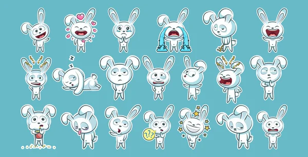 Set kit raccolta adesivi emoji emoticon emozione vettore isolato illustrazione felice personaggio dolce, carino coniglio bianco, coniglio, lepre, coney, cony, lapin per buona Pasqua — Vettoriale Stock
