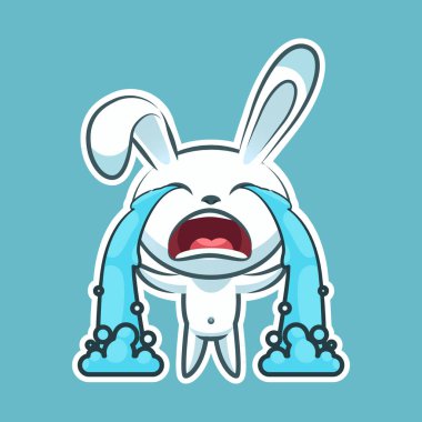 Etiket emoji ifade, duygu acıklı, cry, ağlamak, izole vektör çizim mutlu karakter tatlı, sevimli beyaz tavşan, tavşan, tavşan, coney, kemirgen, lapin mutlu Paskalya için