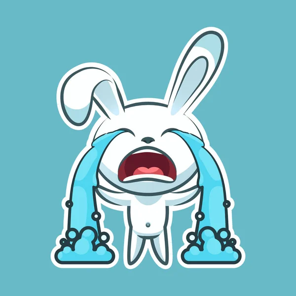 Emoticono emoji etiqueta, llanto emoción sollozo, llorar, vector aislado ilustración feliz carácter dulce, lindo conejo blanco, conejo, liebre, cono, cono, lapin para la feliz Pascua — Vector de stock