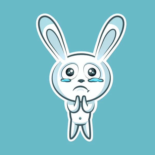 Nálepka emoji smajlík, emoce prosit, žádat, modlit se, slzy v očích, vektorové ilustrace charakter sweet, roztomilý Bílý králík, králíček, zajíc, coney, cony, lapin pro Veselé Velikonoce — Stockový vektor
