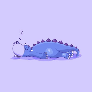 Vektör Emoji karakter karikatür ejderha dinozor mide etiket ifade üzerinde uyuyor