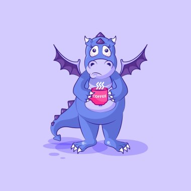 Emoji karakter karikatür ejderha dinozor fincan kahve etiket ifade ile gergin vektör