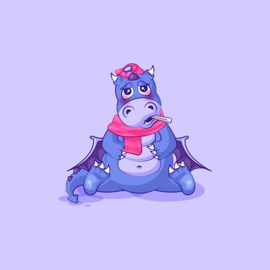 Vektör Emoji karakter karikatür ejderha dinozor ağız plakası ifade termometre ile hasta