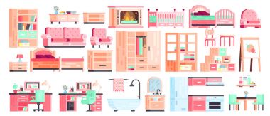 Büyük set kiti koleksiyon mobilya banyo iç, mutfak, ofis, yatak odası, oyun, kanepe ve koltuk şömine için izole simgeler vektör