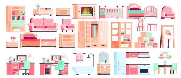 Grote set kit collectie vector geïsoleerde pictogrammen van meubilair voor het interieur van de badkamer, keuken, Bureau, slaapkamer, gaming, open haard met Bank en fauteuil — Stockvector