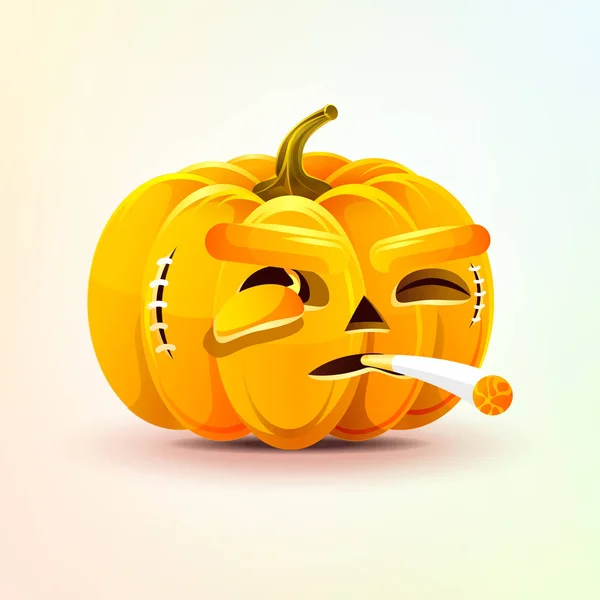 Jack-o-linterna, terrible expresión facial de la emoción de fumar cigarrillos de calabaza, etiqueta emoji para Feliz Halloween — Vector de stock