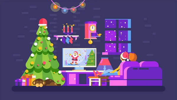 Boże Narodzenie wnętrze domu wieczorem, miłośników siedzieć na kanapie oglądać Tv z Santa Claus w Sylwestra uroczystej nocy — Wektor stockowy