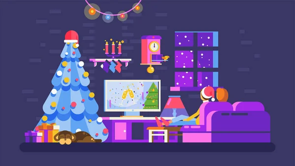 Navidad noche interior de la casa, los amantes se sientan en el sofá ver la televisión con Santa Claus en Nochevieja noche festiva — Vector de stock