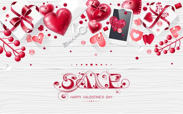 Valentijnsdag liefde belettering web brochure flyer voor reclame verkoop party design element houten achtergrond — Stockvector