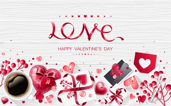 Valentijnsdag liefde kopje koffie belettering web brochure flyer voor reclame verkoop party design element houten achtergrond — Stockvector