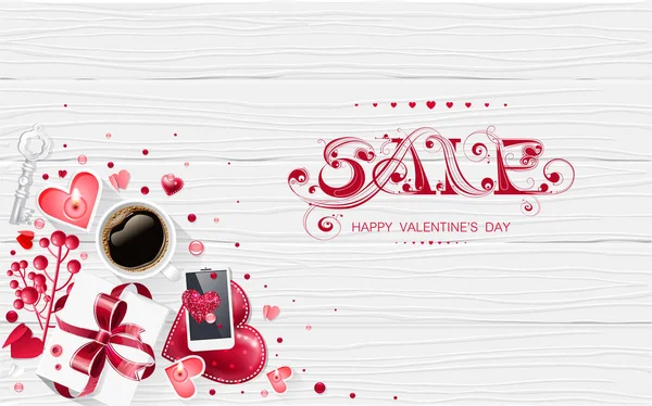 Dia dos namorados amor xícara de café lettering web brochura folheto para publicidade venda partido design elemento fundo de madeira — Vetor de Stock