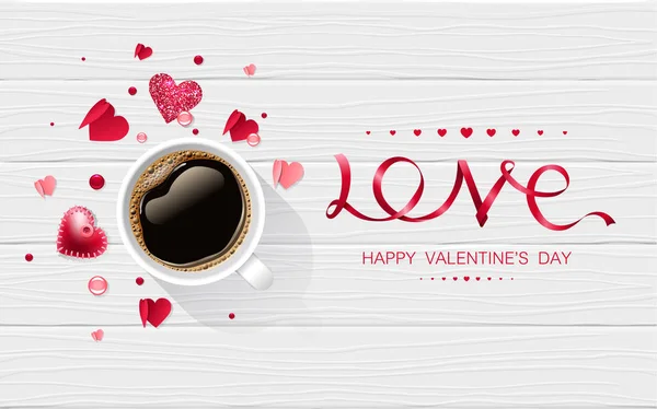 San Valentín amor taza de café letras folleto web volante para publicidad venta partido diseño elemento fondo de madera — Archivo Imágenes Vectoriales