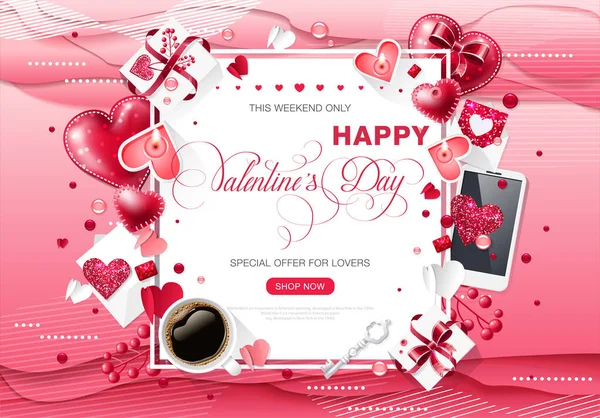 Día de San Valentín amor taza café letras folleto web folleto para publicidad venta partido diseño elemento fondo de madera — Vector de stock