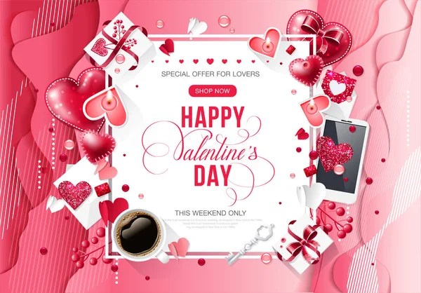 Día de San Valentín amor taza café letras folleto web folleto para publicidad venta partido diseño elemento fondo de madera — Vector de stock