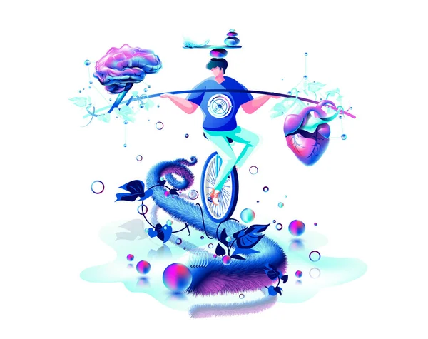 Harmonie Illustration Mann Zirkuskünstler Reiten Einrad auf Seil innere Balance in der Hand Gleichgewicht Gegengewicht zwischen Herz und Gehirn — Stockvektor