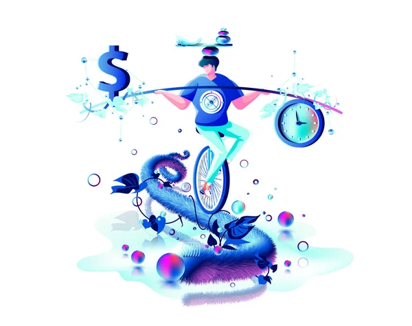 Inner balance in hand harmony between money dollar sign and time clock man circus performer riding unicycle rope management Vector Graphics