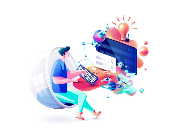 Xtreme colorful illustration man gamer manager distant remote work internet marketer designer freelancer sits at computer cyber power fluid telework web design business