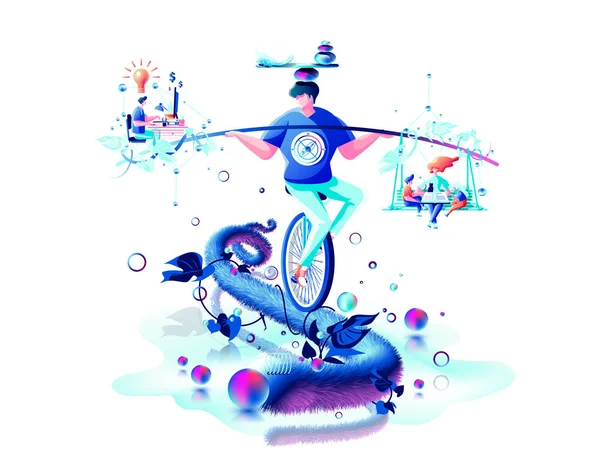 Inner balance in hand harmony between family household and work job time managementman circus performer riding unicycle rope Royalty Free Stock Illustrations