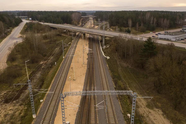 Vue Par Drone Des Punaises Train Pont Routier Dessus — Photo