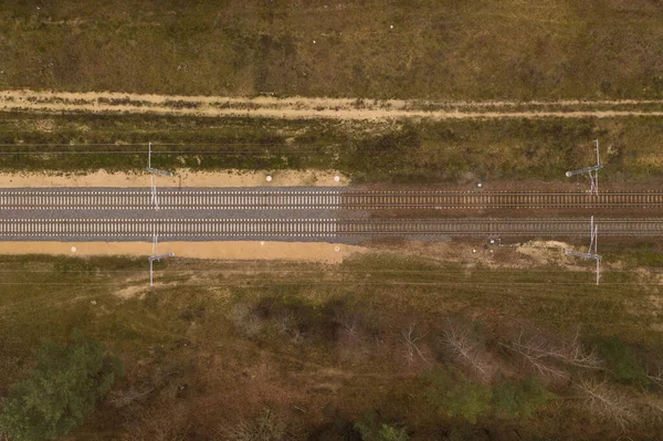 Vista Del Dron Las Vías Del Ferrocarril Mitad Renovó Otra — Foto de Stock