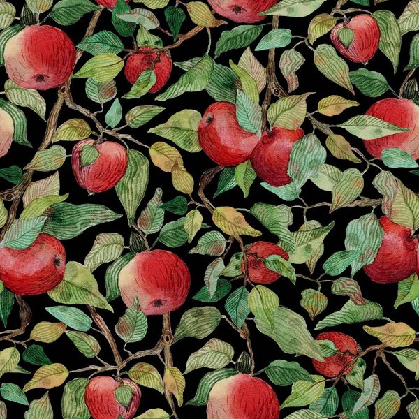 Seamless pattern apple tree branch with red apples watercolor stylized illustration — Stock Photo, Image