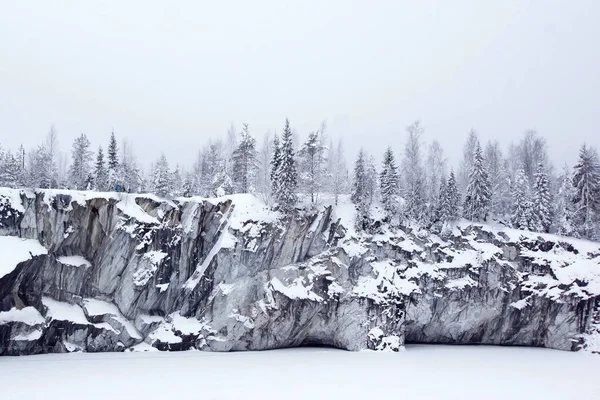 Piękne, pokryte śniegiem zbocze z jodłami pokryte śniegiem w skalistym kanionie. Koncepcja dziewiczej pięknej przyrody w północnym kraju. Przestrzeń chroniona — Zdjęcie stockowe
