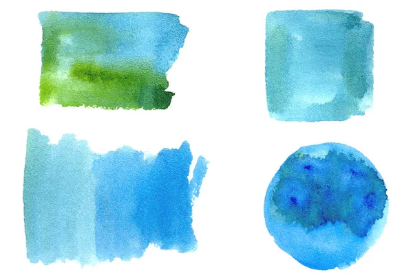 Bir dizi suluboya fırça darbesi, leke, sıçrama ve şekil: daire, kare. Tasarımın için izole edilmiş gerçek akvaryum lekeleri. suluboya desenli el mavi, turkuaz, siyanür rengi — Stok fotoğraf