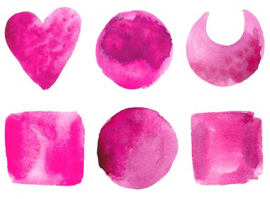 İzole edilmiş el çizimi suluboya şekilleri: daire, kare, kalp hilal pembe renkte ay