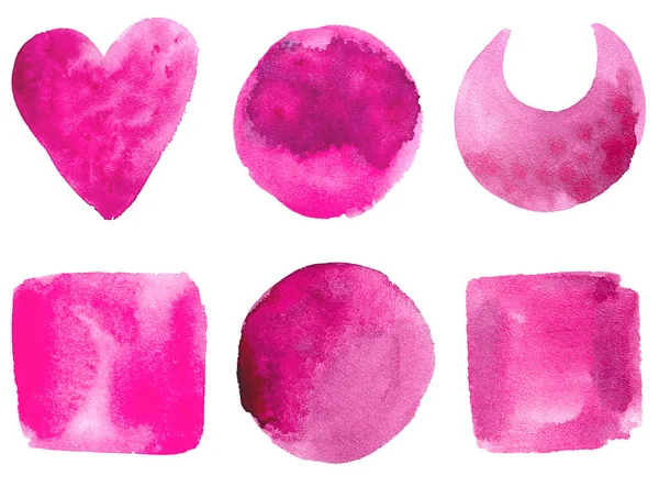 İzole edilmiş el çizimi suluboya şekilleri: daire, kare, kalp hilal pembe renkte ay